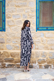 Black Cotton Shirt Collar Abstract Printed Dress For Women