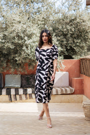 Black Cotton Sweetheart Neck Abstract Printed Dress