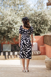 Black Cotton Sweetheart Neck Abstract Printed Dress