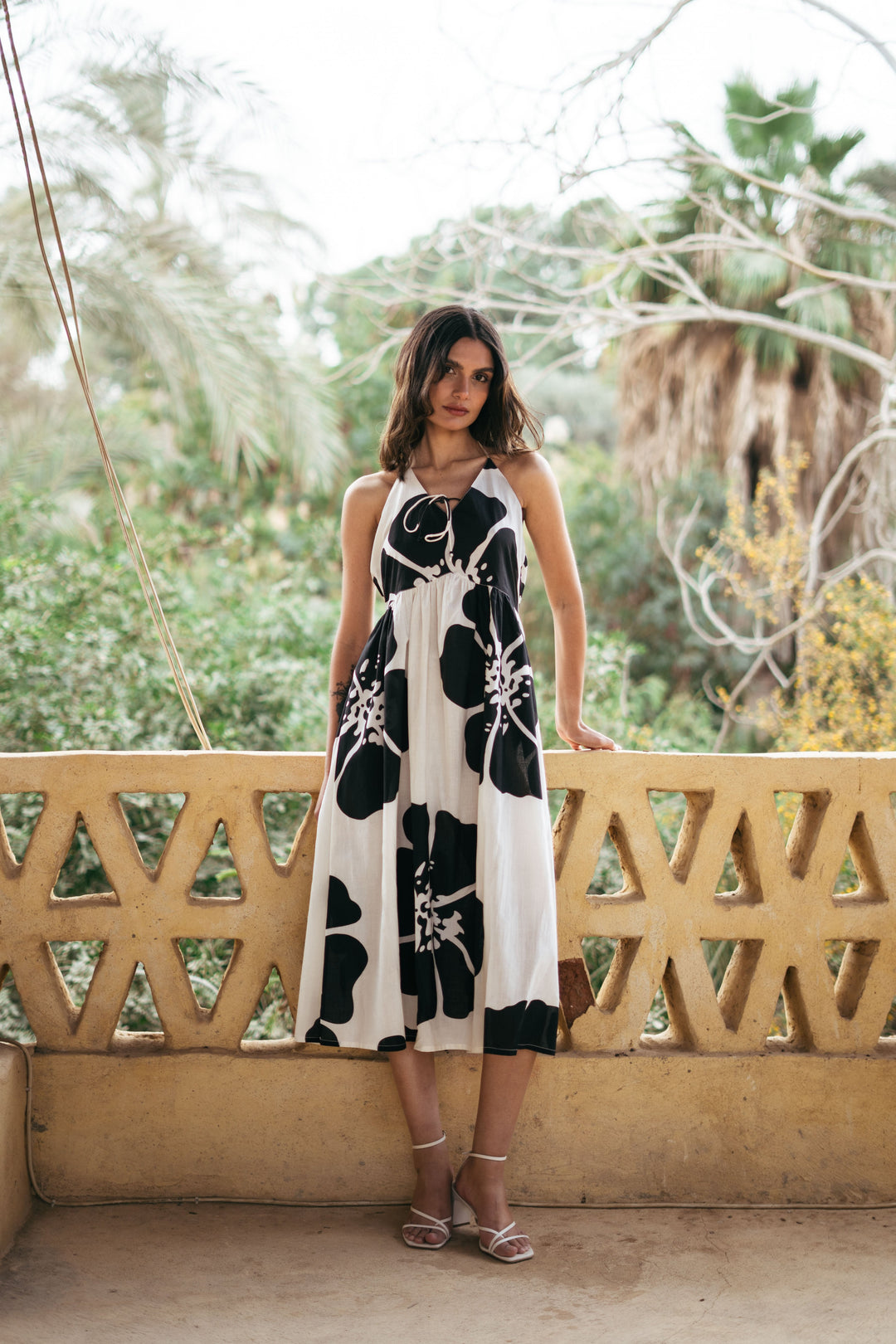 Black Pure Cotton Printed Tie Up Neck Dress For Women