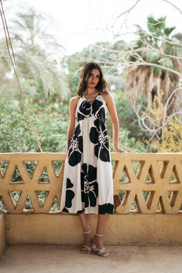 Black Pure Cotton Printed Tie Up Neck Dress For Women