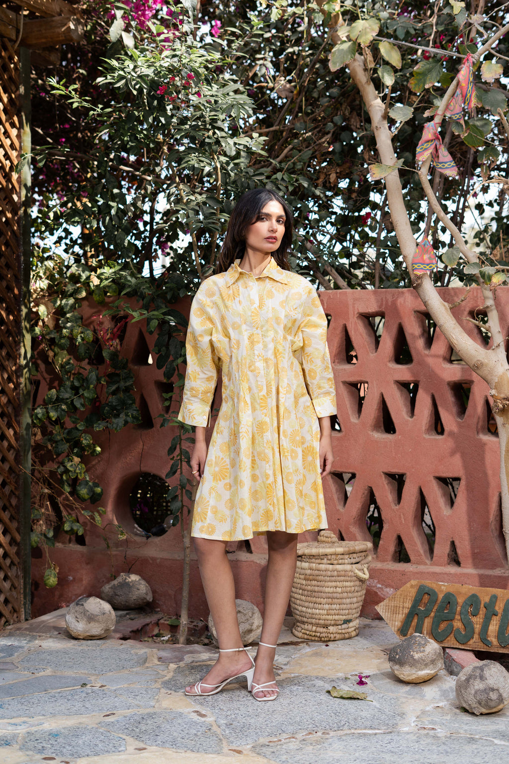 Yellow Cotton Shirt Collar Abstract Printed Dress