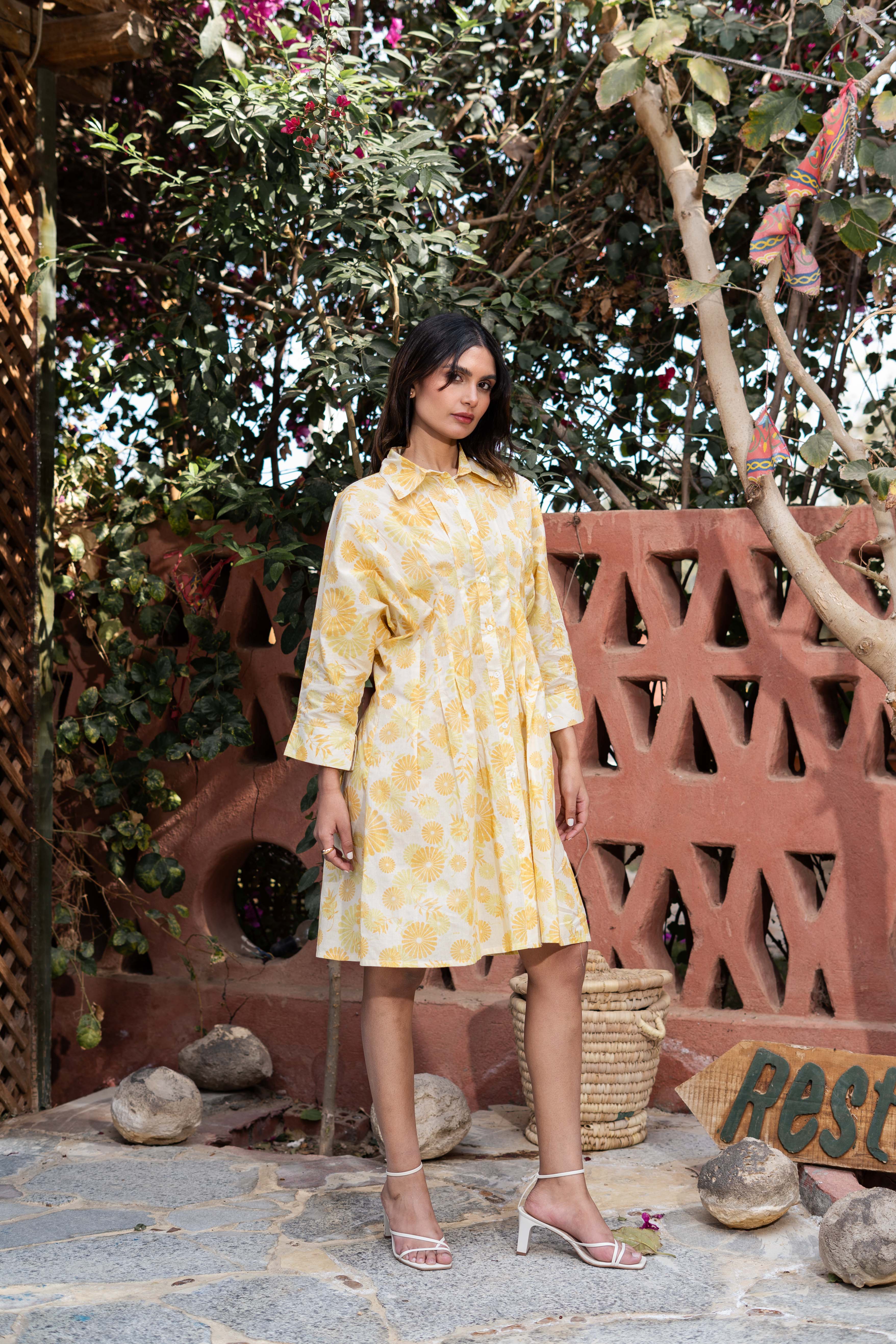 Yellow Cotton Shirt Collar Abstract Printed Dress