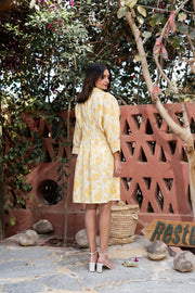 Yellow Cotton Shirt Collar Abstract Printed Dress
