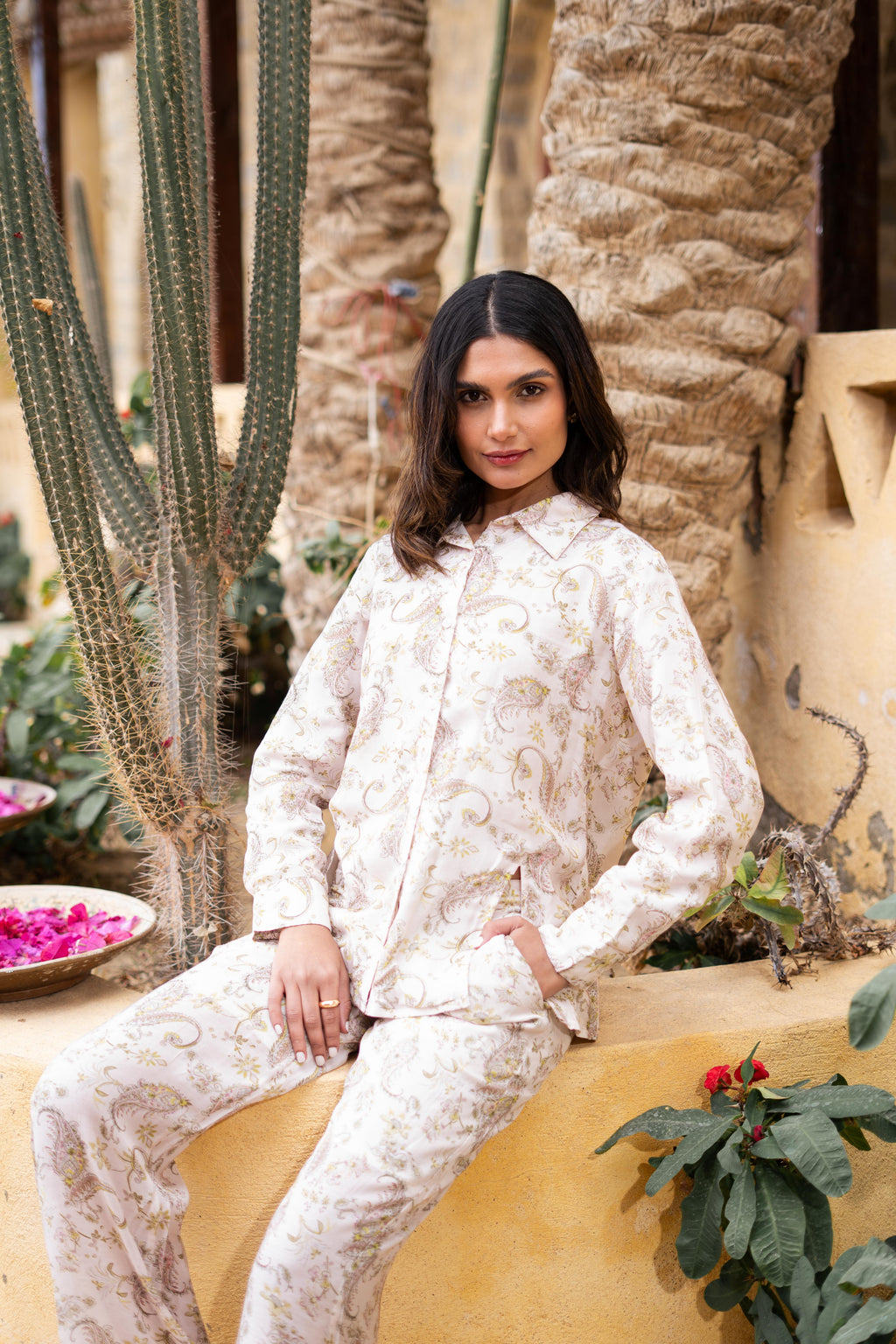 Beige Shirt Collar Pure Cotton Printed Co-Ords Set