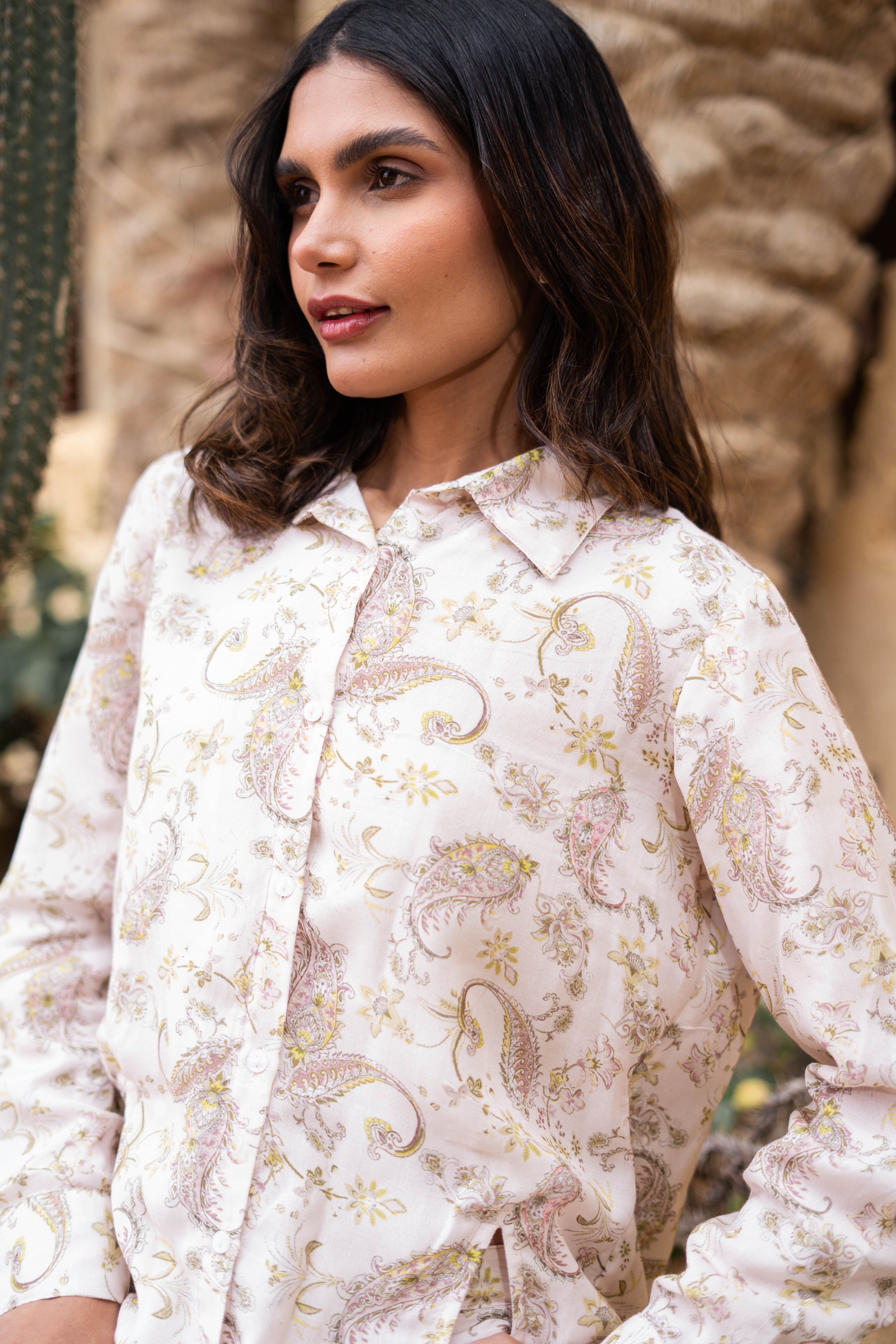 Beige Shirt Collar Pure Cotton Printed Co-Ords Set