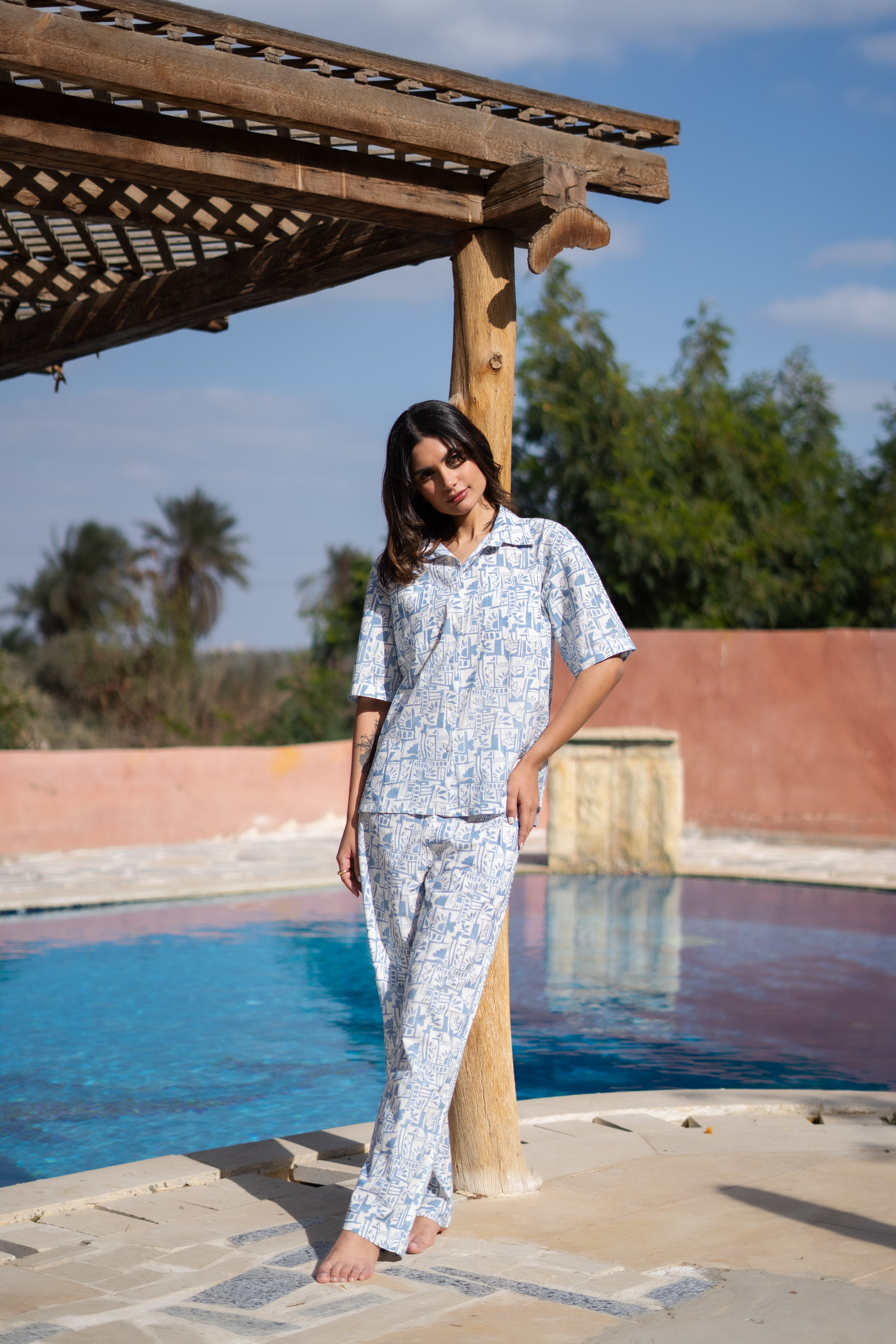 Blue Shirt Collar Abstract Printed Pure Cotton Night Suit - SanskrutiHomes 