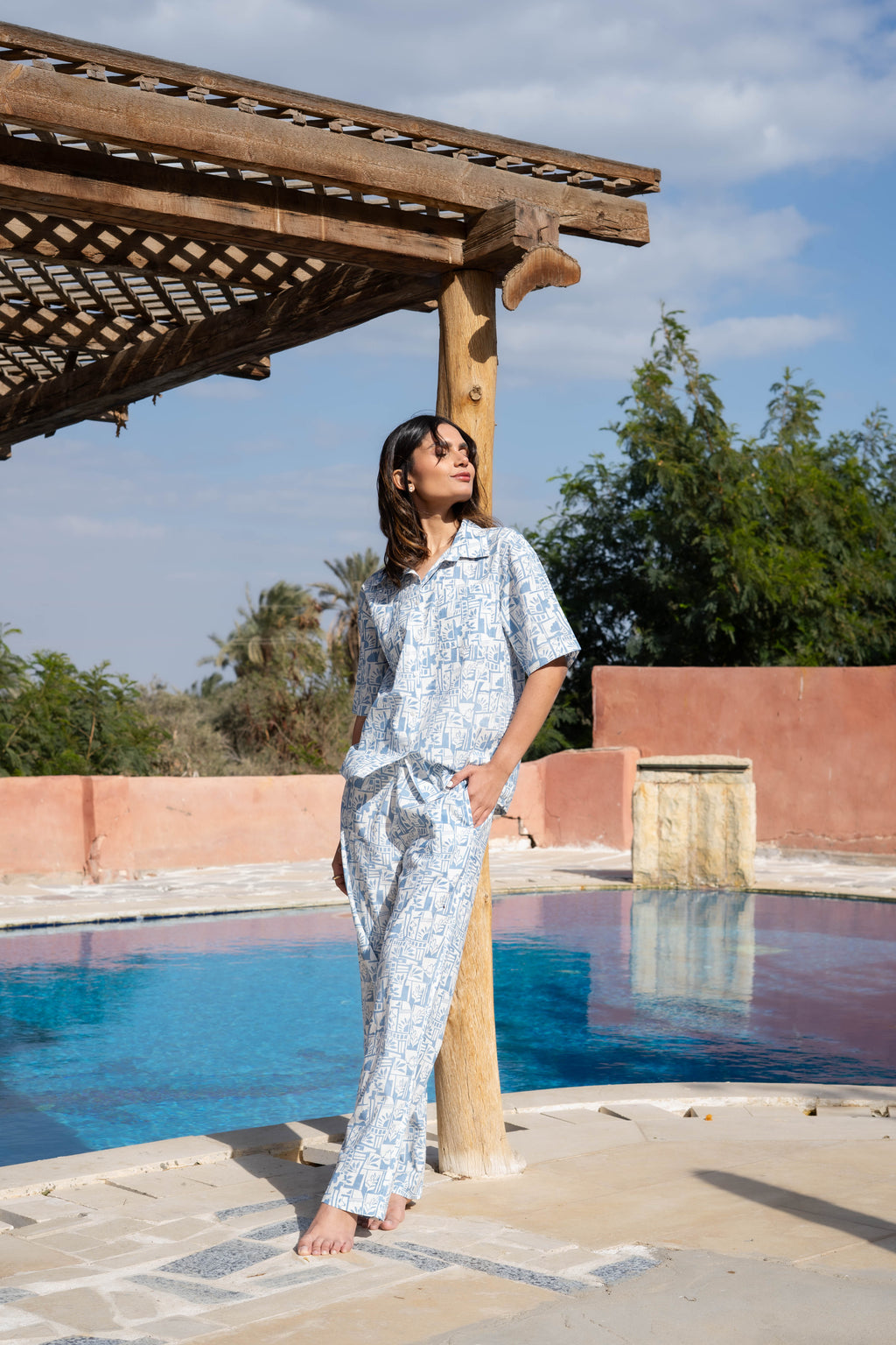 Blue Shirt Collar Abstract Printed Pure Cotton Night Suit - SanskrutiHomes 