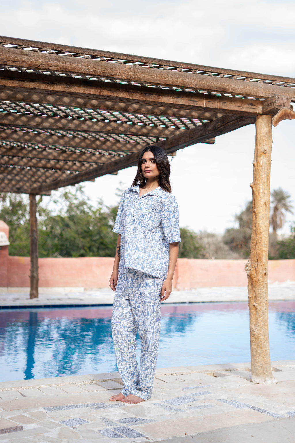 Blue Shirt Collar Abstract Printed Pure Cotton Night Suit - SanskrutiHomes 