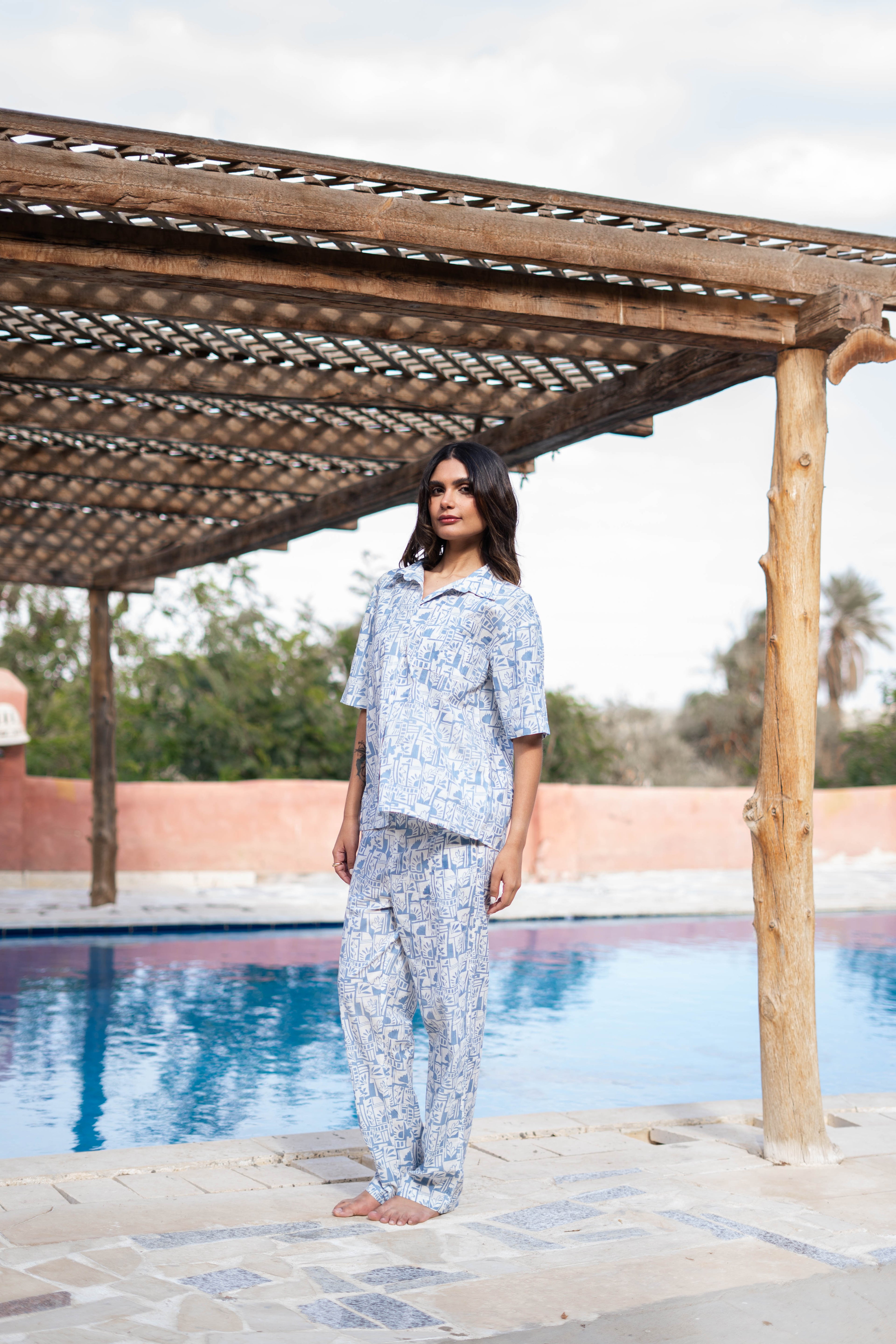 Blue Shirt Collar Abstract Printed Pure Cotton Night Suit - SanskrutiHomes 