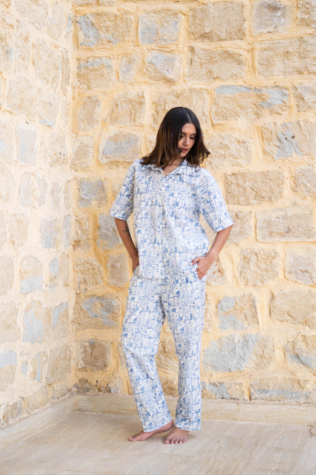 Blue Shirt Collar Abstract Printed Pure Cotton Night Suit - SanskrutiHomes 