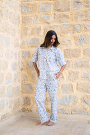 Blue Shirt Collar Abstract Printed Pure Cotton Night Suit - SanskrutiHomes 