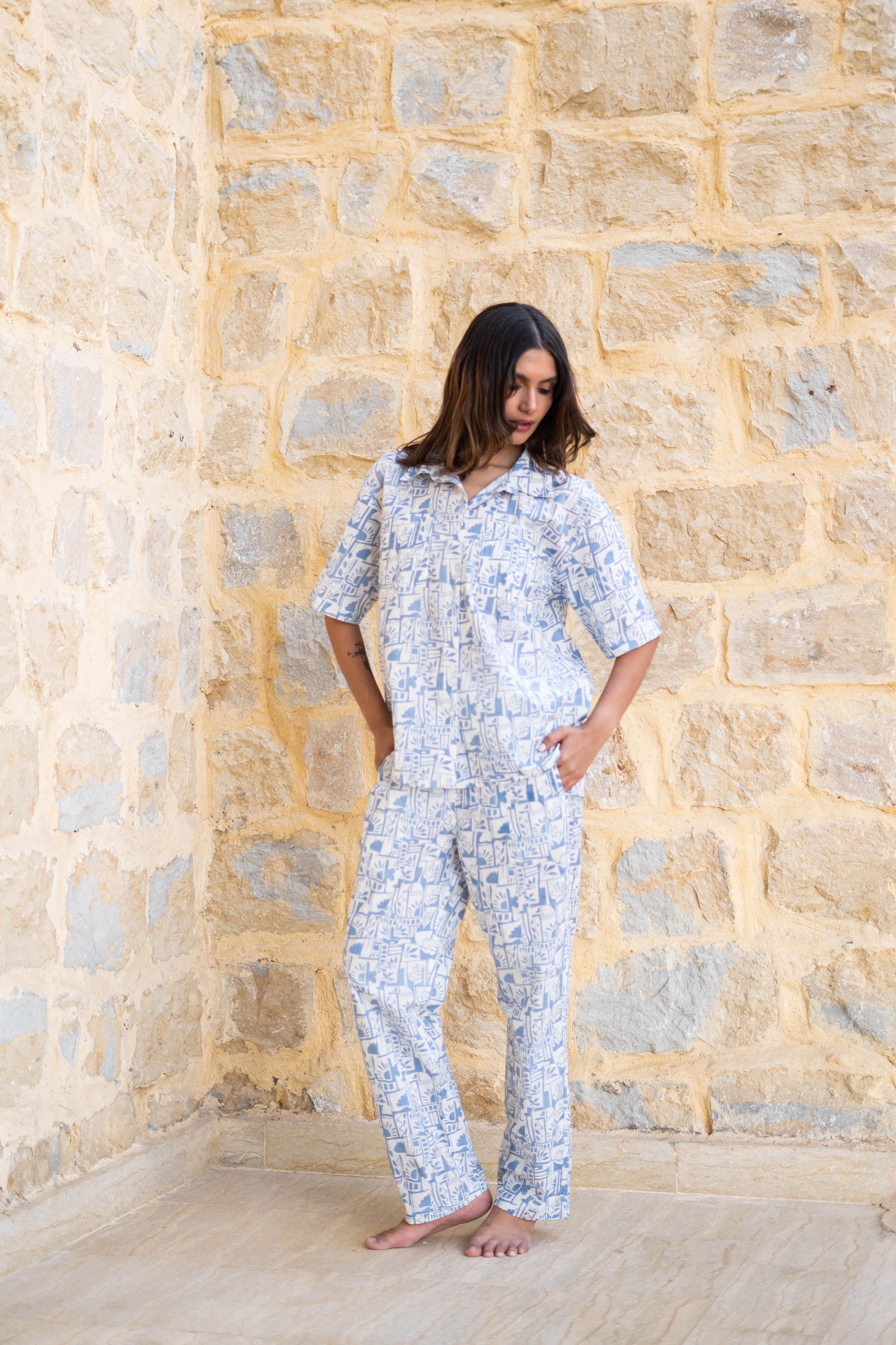 Blue Shirt Collar Abstract Printed Pure Cotton Night Suit - SanskrutiHomes 