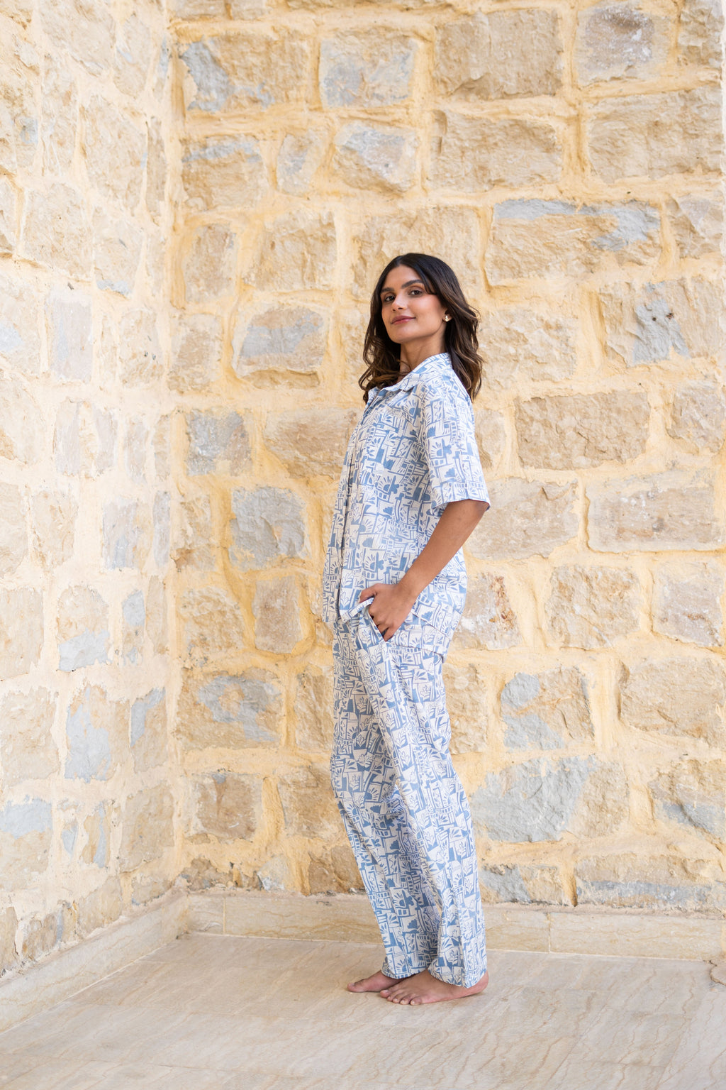 Blue Shirt Collar Abstract Printed Pure Cotton Night Suit - SanskrutiHomes 