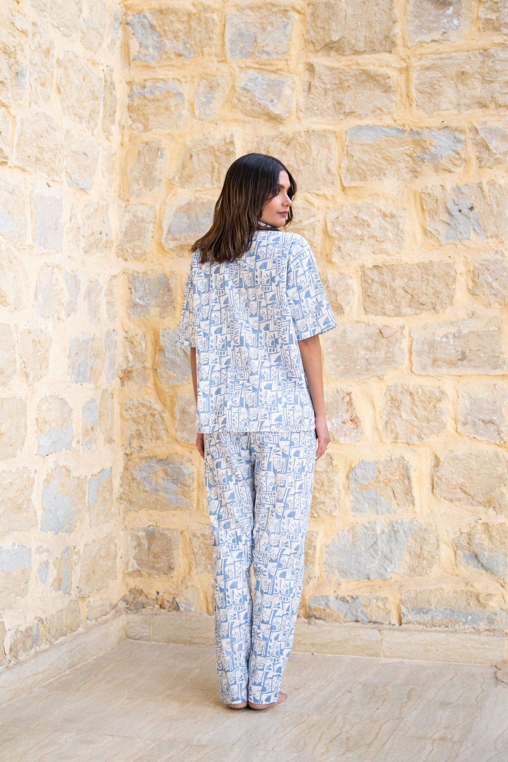 Blue Shirt Collar Abstract Printed Pure Cotton Night Suit - SanskrutiHomes 