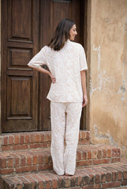 White Abstract Print Shirt Collar Pure Cotton Night Suit For Women