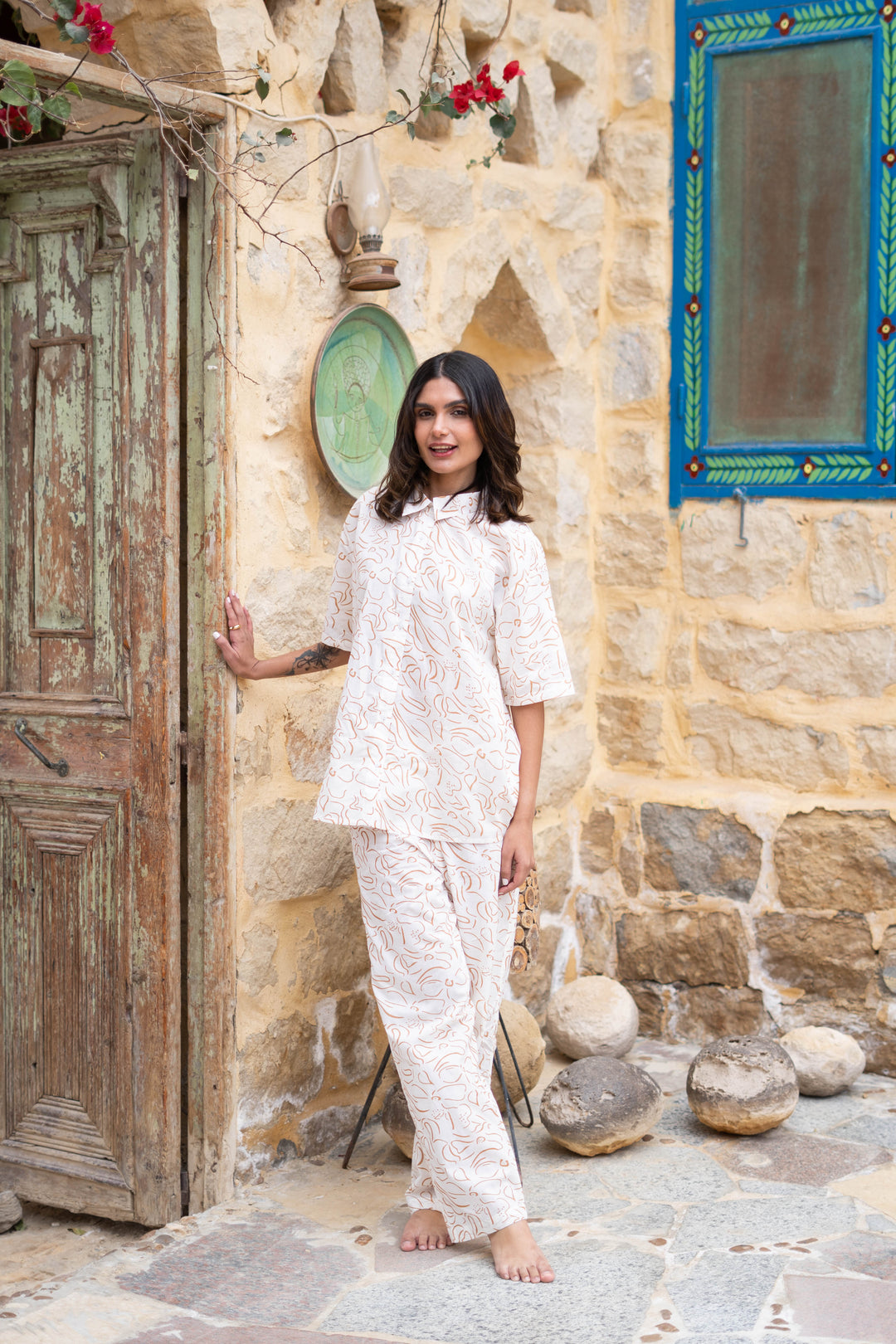 White Shirt Collar Floral Printed Pure Cotton Night Suit