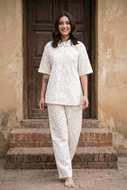White Abstract Print Shirt Collar Pure Cotton Night Suit For Women