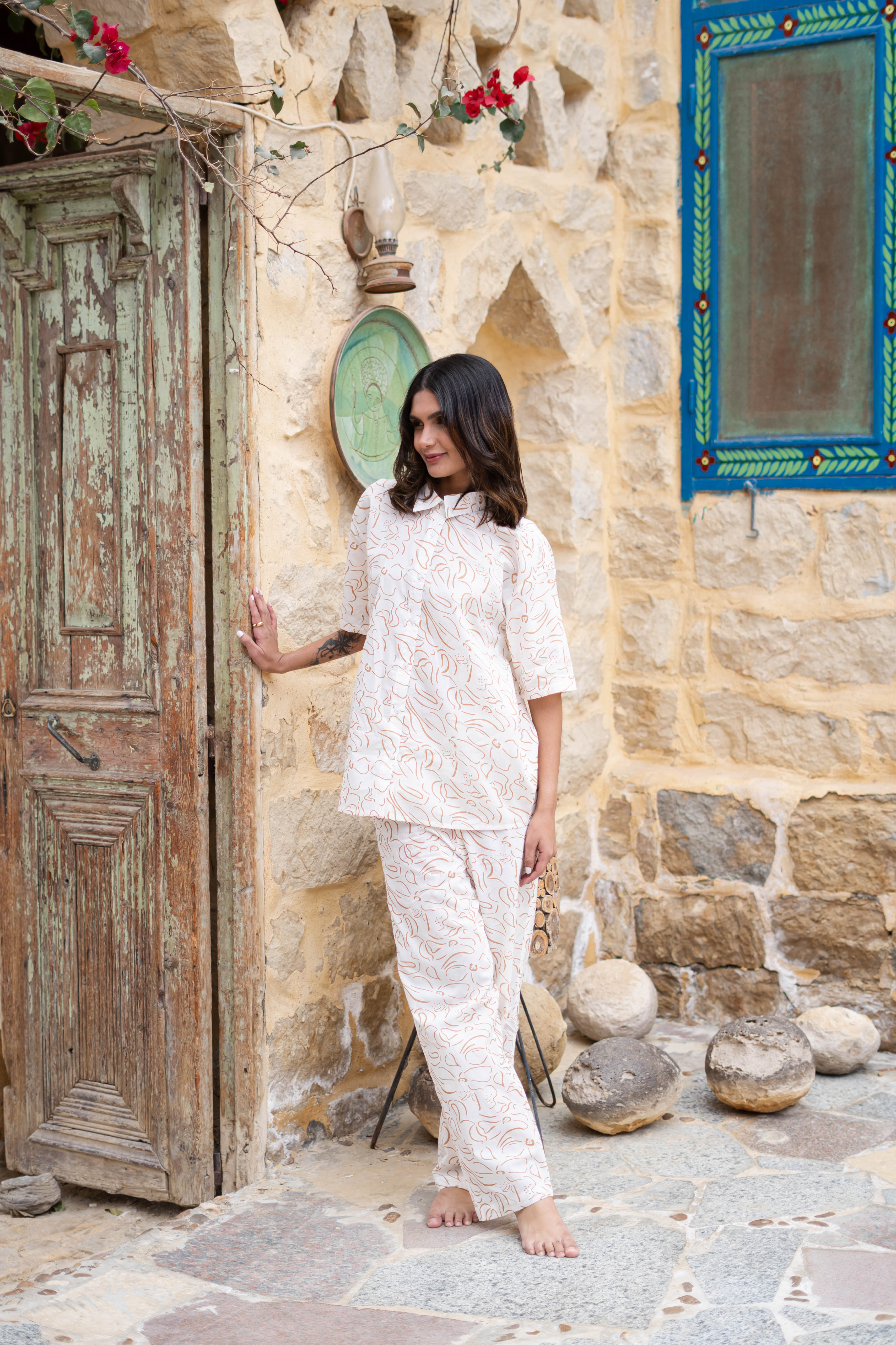 White Shirt Collar Floral Printed Pure Cotton Night Suit