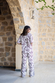 White V-Neck Tropical Printed Pure Cotton Night Suit
