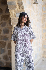 White V-Neck Tropical Printed Pure Cotton Night Suit
