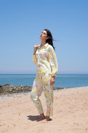 Yellow Shirt Collar Floral Print Cotton Night Suit Set For Women