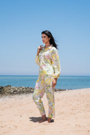 Yellow Shirt Collar Floral Print Cotton Night Suit Set For Women