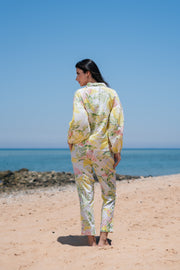 Yellow Shirt Collar Floral Print Cotton Night Suit Set For Women
