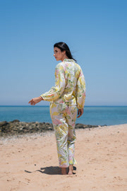 Yellow Shirt Collar Floral Print Cotton Night Suit Set For Women