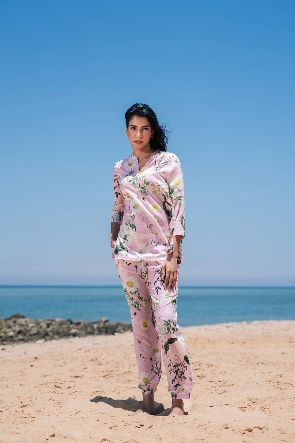 Pink Flower Printed Cotton Night Suit Set - SanskrutiHomes 