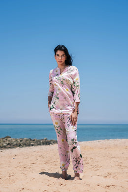 Pink Flower Printed Cotton Night Suit Set - SanskrutiHomes 