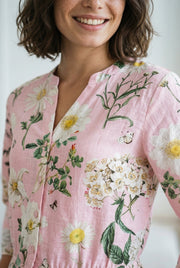Pink Floral Print Mandarin Collar Night Suit Set For Women