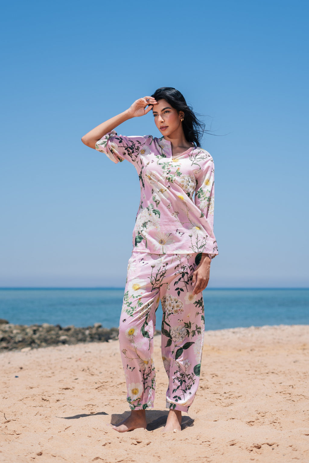 Pink Flower Printed Cotton Night Suit Set - SanskrutiHomes 