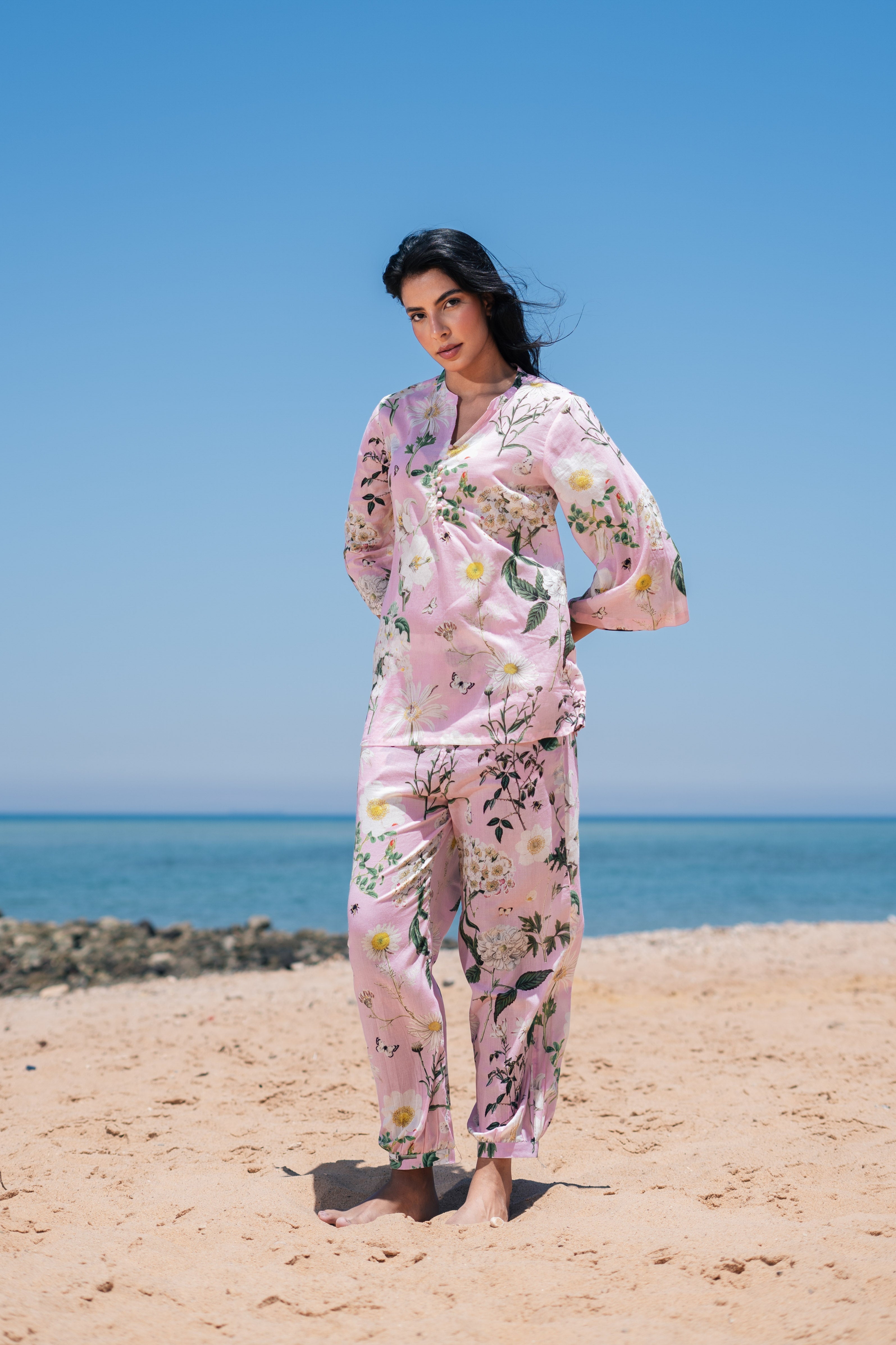 Pink Flower Printed Cotton Night Suit Set - SanskrutiHomes 