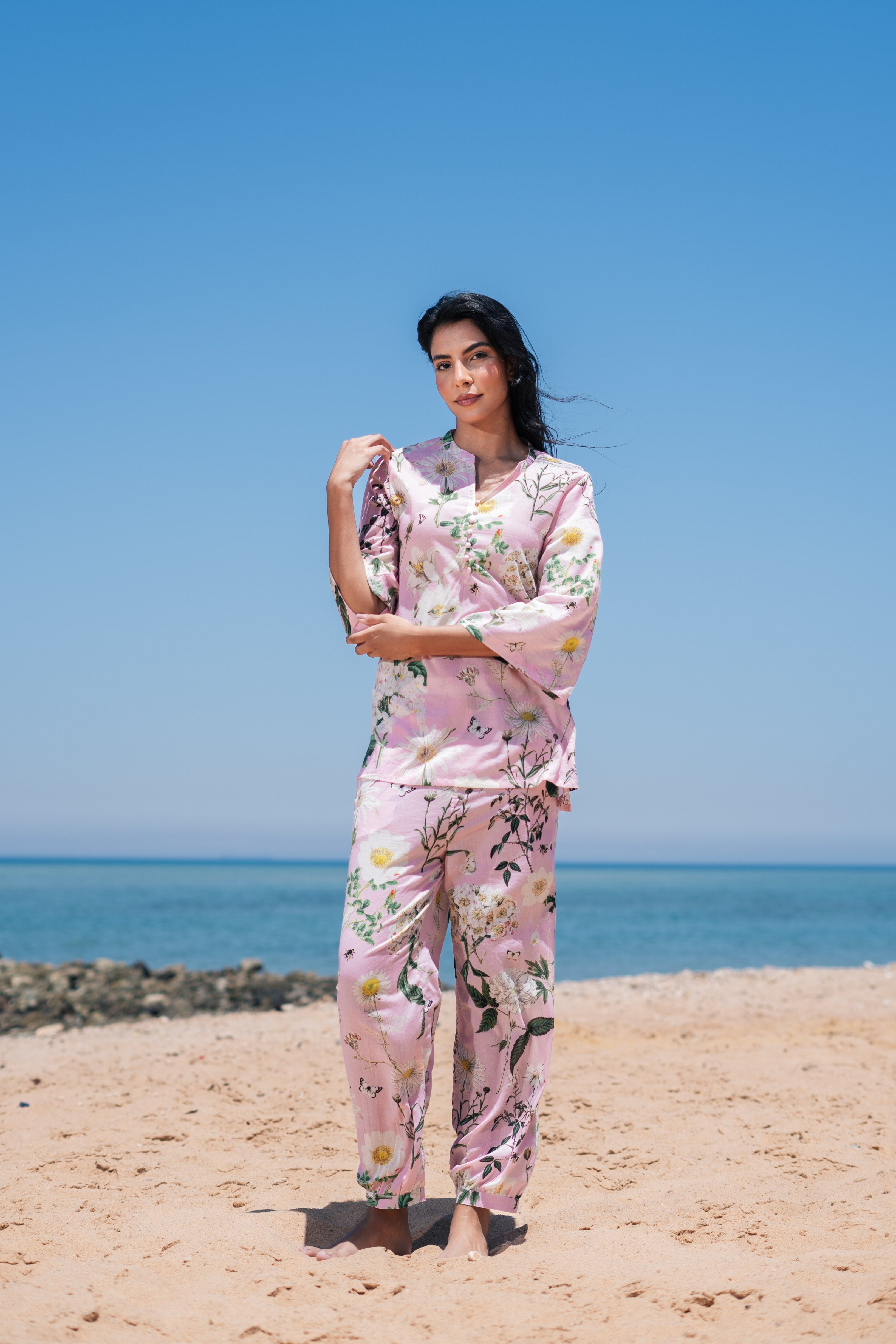 Pink Flower Printed Cotton Night Suit Set - SanskrutiHomes 
