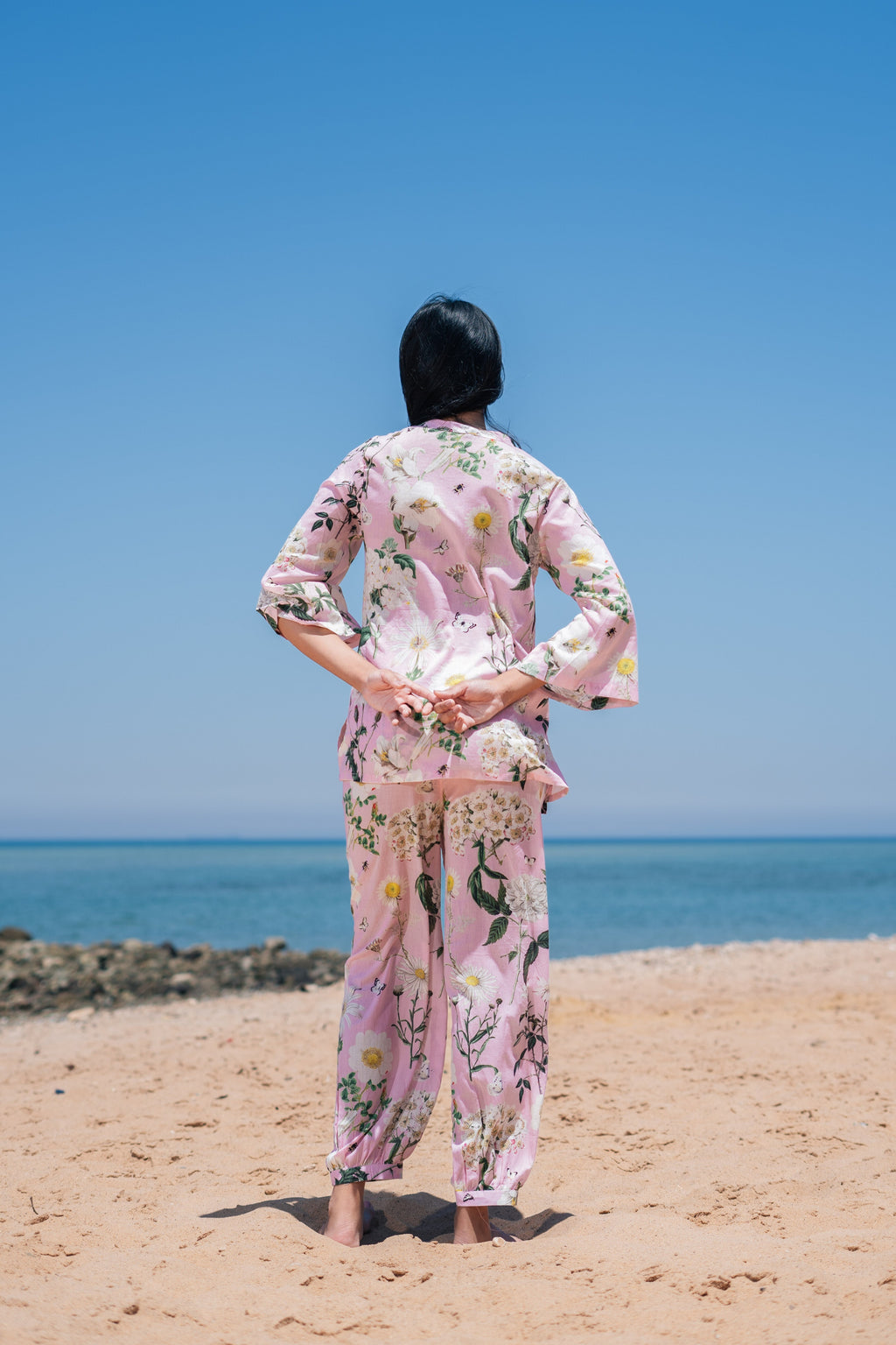 Pink Flower Printed Cotton Night Suit Set - SanskrutiHomes 