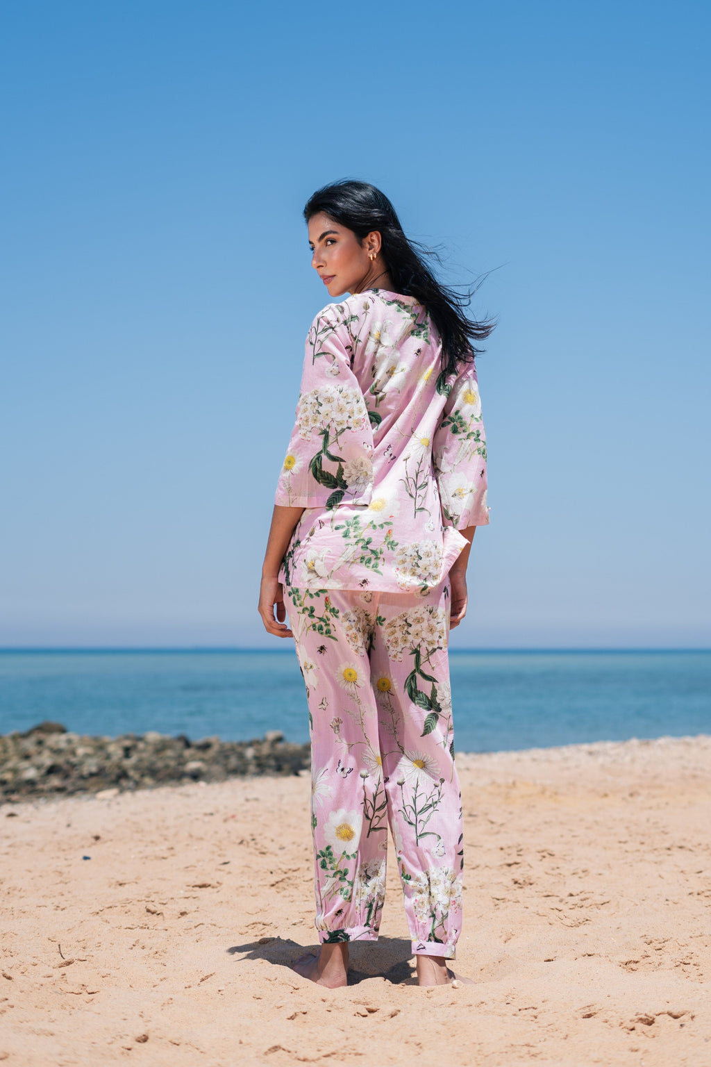 Pink Flower Printed Cotton Night Suit Set - SanskrutiHomes 