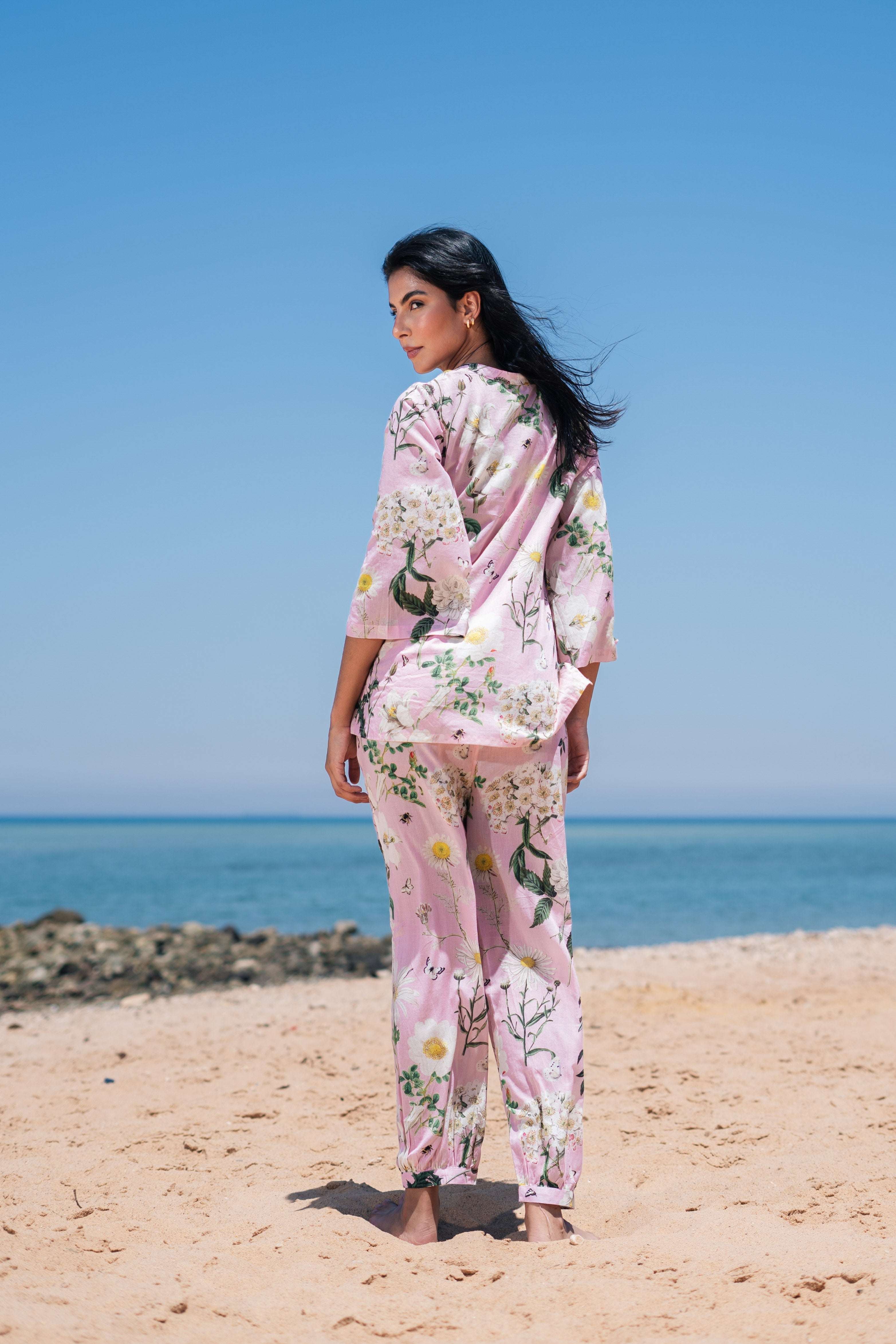 Pink Flower Printed Cotton Night Suit Set - SanskrutiHomes 