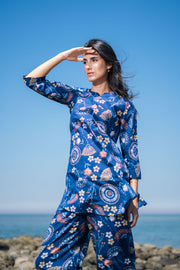 Women Blue Cotton Printed Night Suit Set