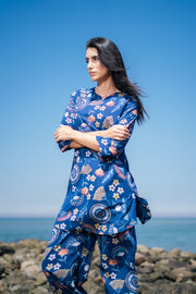 Women Blue Cotton Printed Night Suit Set