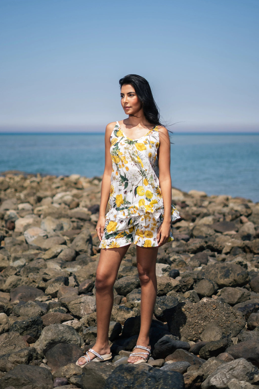 Yellow Floral Printed Cotton Round Neck Night Suit - SanskrutiHomes 