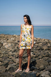 Yellow Floral Printed Cotton Round Neck Night Suit - SanskrutiHomes 