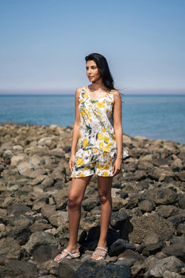 Yellow Floral Printed Cotton Round Neck Night Suit - SanskrutiHomes 