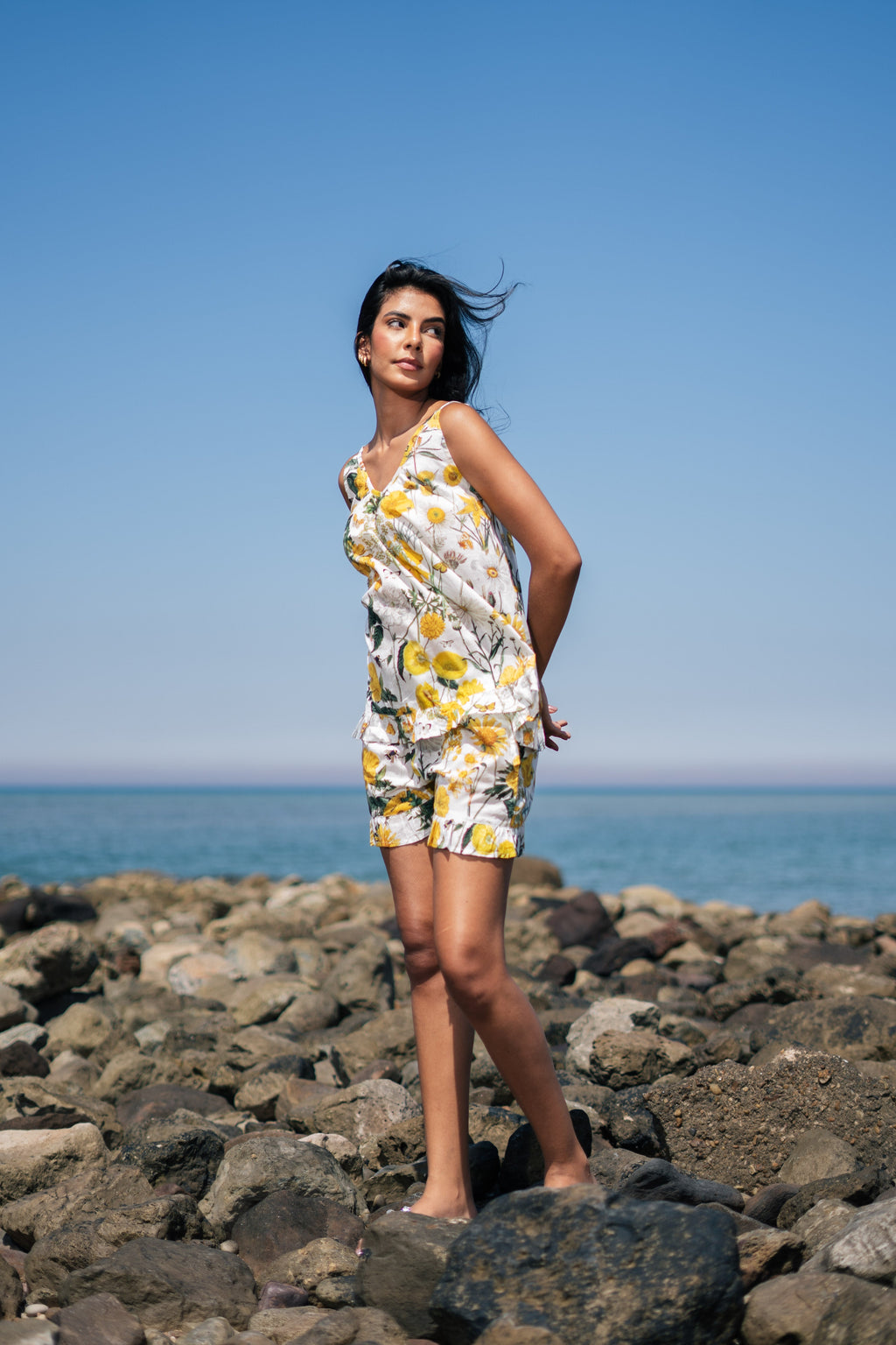 Yellow Floral Printed Cotton Round Neck Night Suit - SanskrutiHomes 