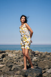 Yellow Floral Printed Cotton Round Neck Night Suit - SanskrutiHomes 