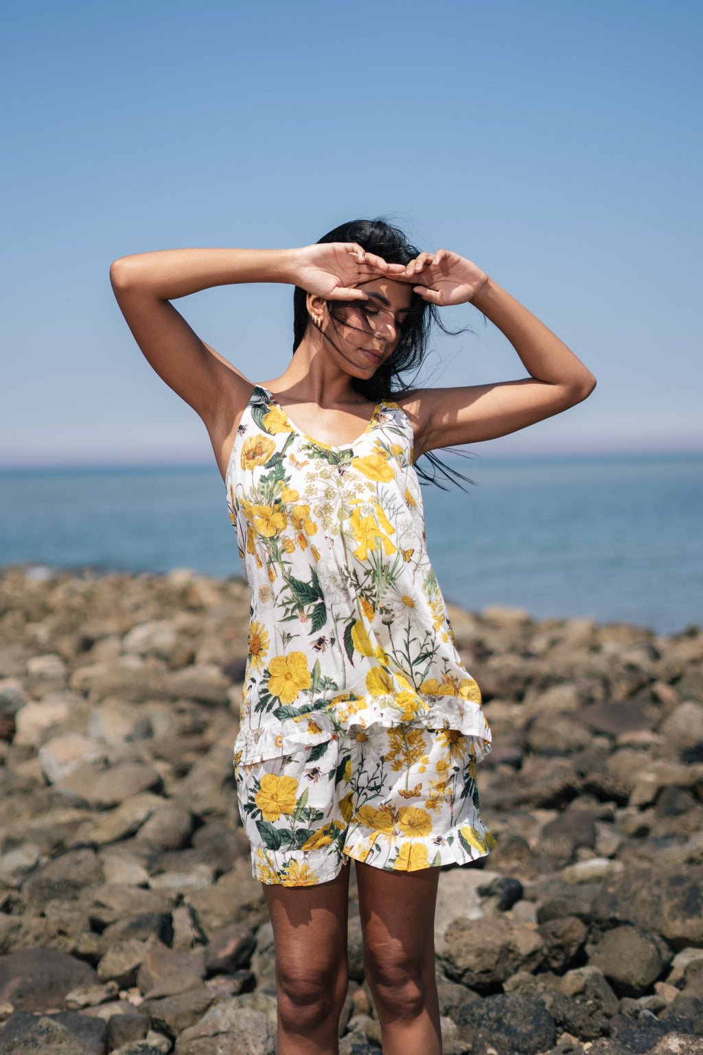 Yellow Floral Printed Cotton Round Neck Night Suit - SanskrutiHomes 