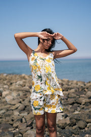 Yellow Floral Printed Cotton Round Neck Night Suit - SanskrutiHomes 