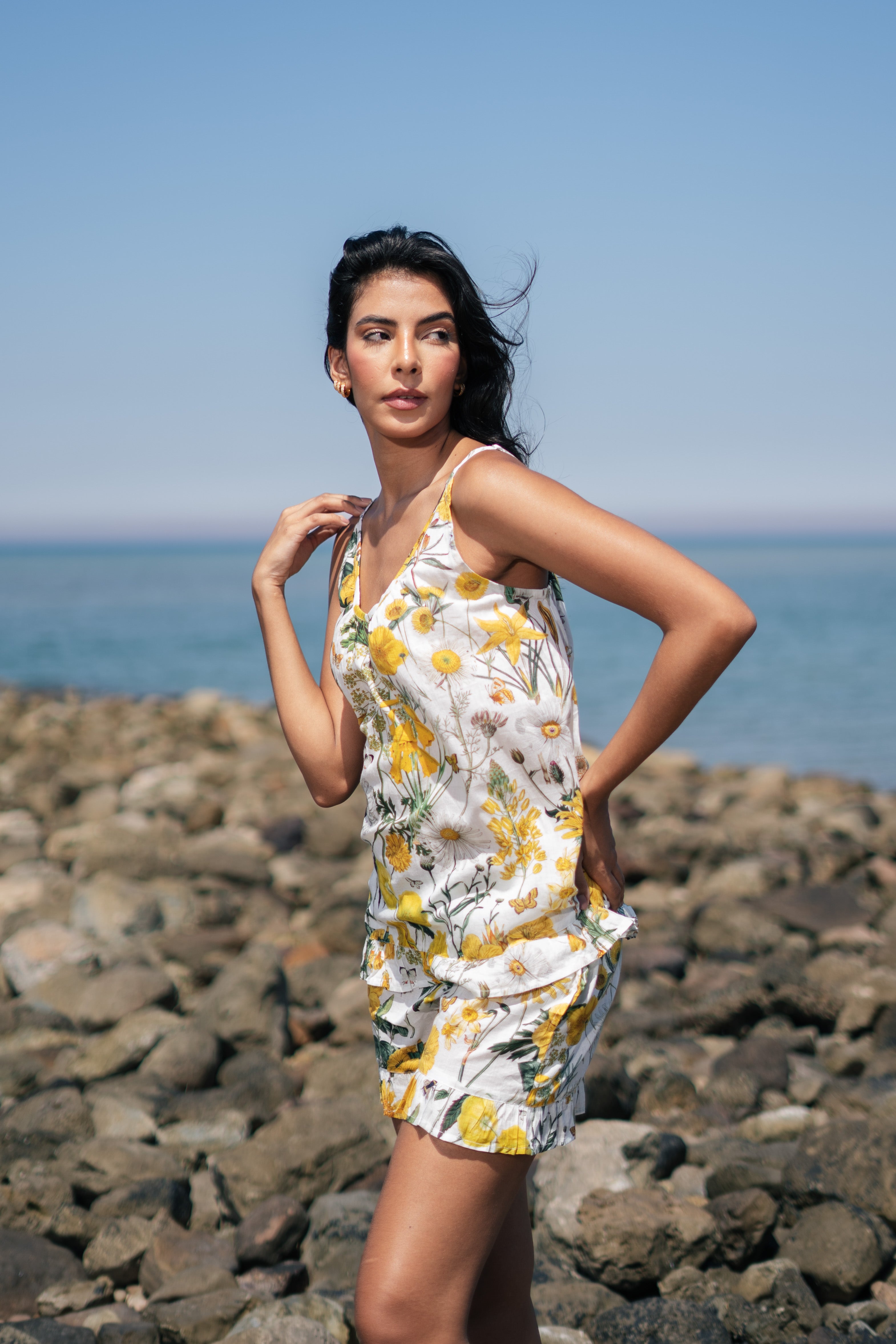 Yellow Floral Printed Cotton Round Neck Night Suit - SanskrutiHomes 