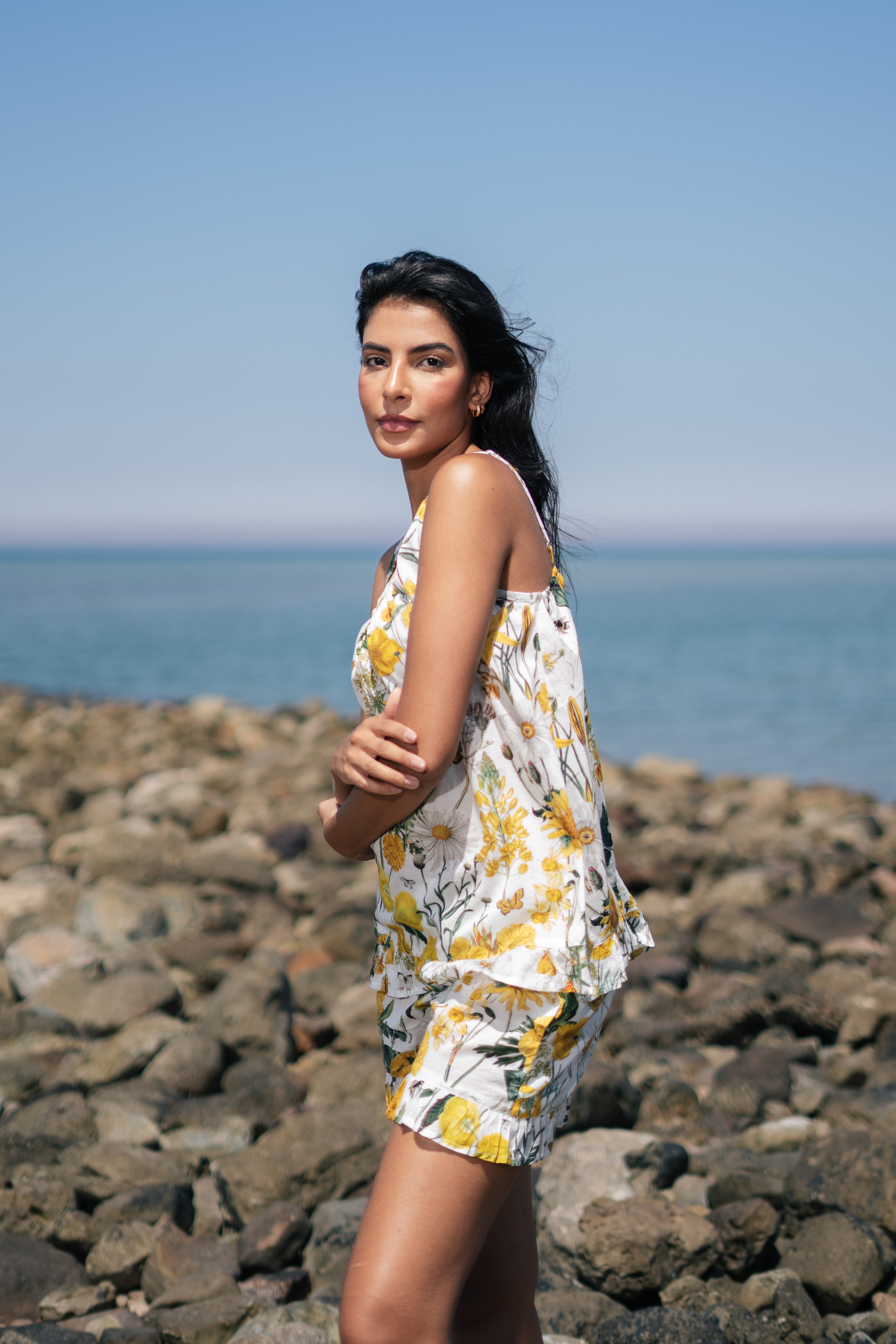 Yellow Floral Printed Cotton Round Neck Night Suit - SanskrutiHomes 