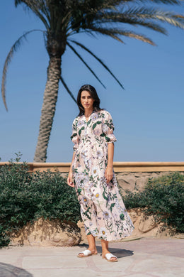 Pink Flower Printed Cotton Dress - SanskrutiHomes 